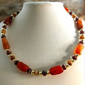Large Natural Carnelian and Gold Plated Hematite in Earth Necklace